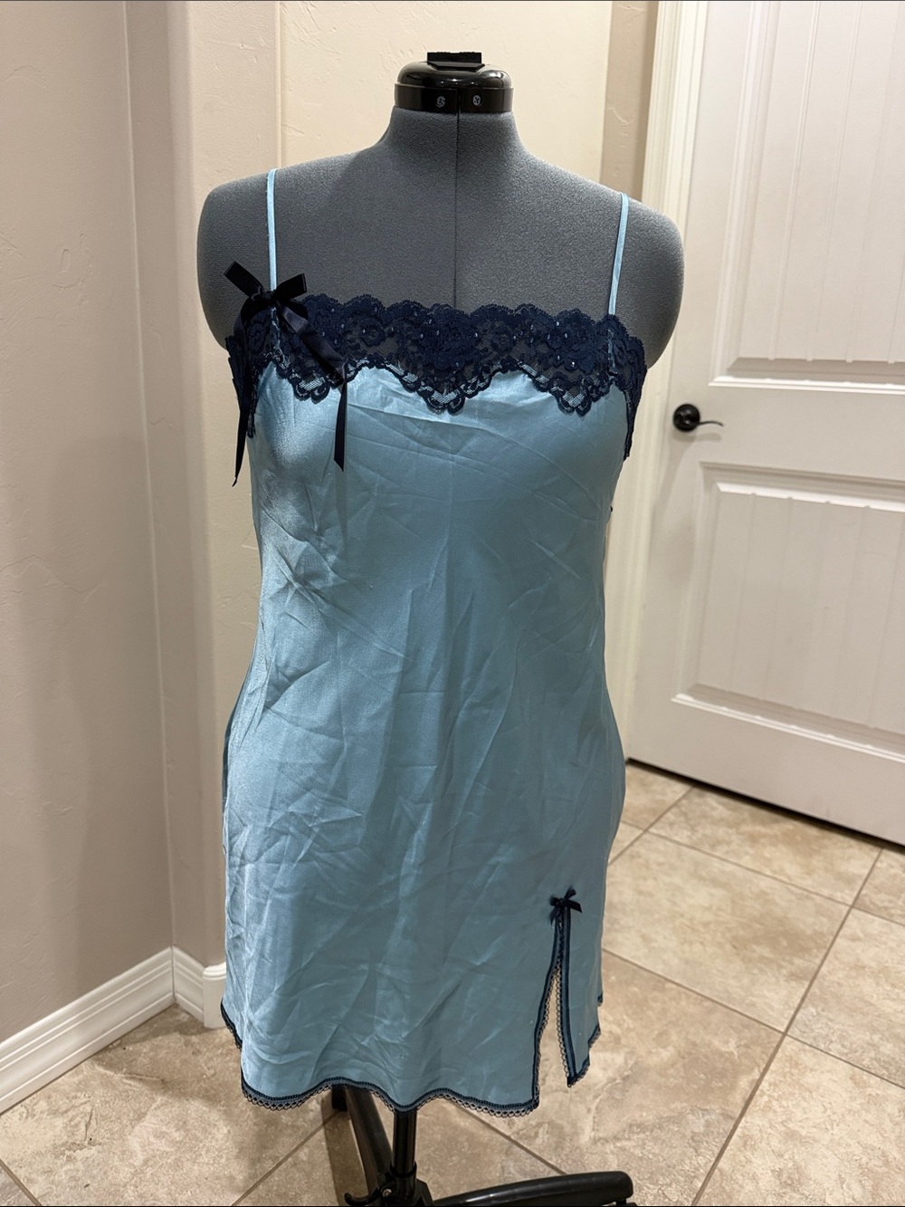 Victoria's Secret Light Blue Slip with Navy Lace Trim